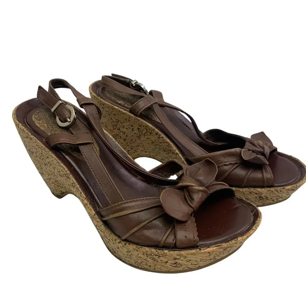 Firecracker Womens Sz 6 Leather Wedge Platform Sandals Heels Brown Bow Slingback